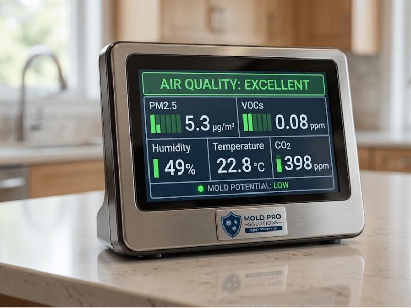 Professional indoor air quality monitoring device displaying real-time readings in Montgomery County home