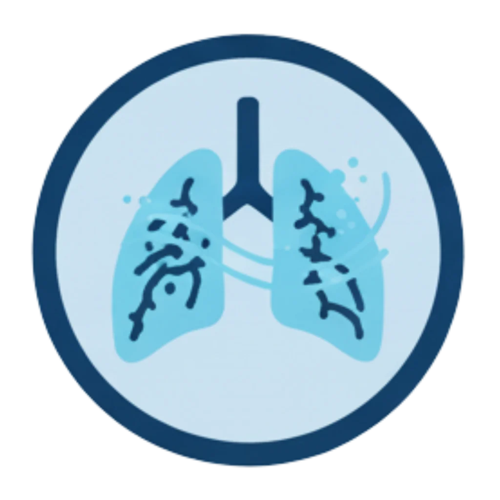 Indoor air quality icon showing lungs with airflow particles