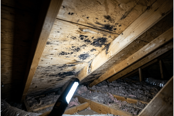Clean attic sheathing after mold remediation treatment