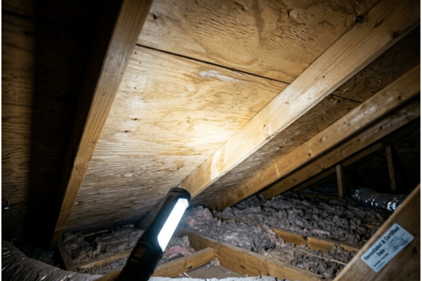 Black mold on attic sheathing before treatment in Rockville MD