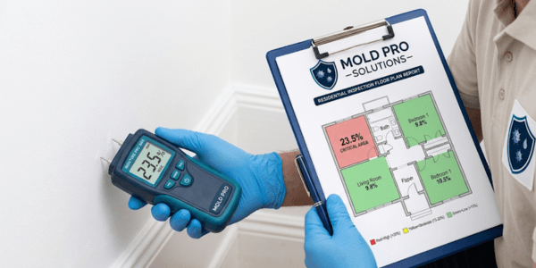 Professional moisture meter reading on drywall during mold inspection in Montgomery County