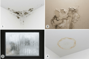 Four common mold warning signs: corner mold growth, peeling paint, window condensation, and ceiling water stains