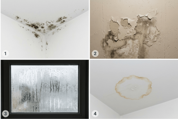 Common mold warning signs in Montgomery County homes - visible growth, water stains, peeling paint, condensation