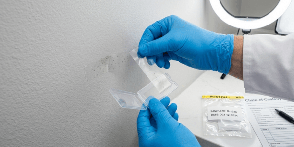 Tape-lift mold sample collection for laboratory analysis in Montgomery County home