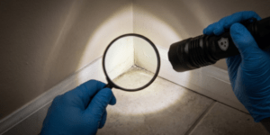 Inspector examining a wall corner for mold using a flashlight and magnifying glass