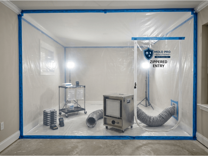 Professional mold containment barrier with negative air pressure setup in Montgomery County home