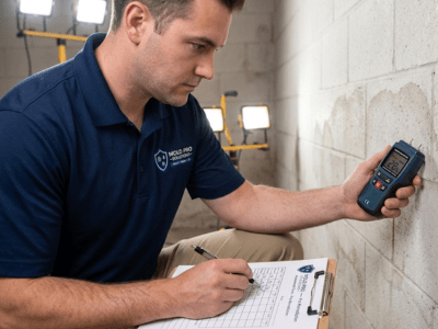 Mold Pro Solutions technician assessing wall moisture levels with a moisture meter