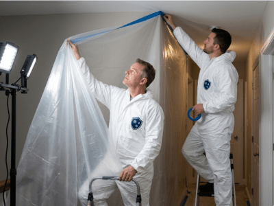 Polyethylene containment barriers with zippered entry installed for mold remediation