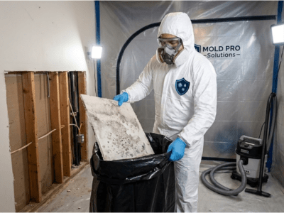 Technician in Tyvek suit removing mold-contaminated drywall inside containment