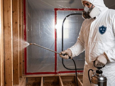 Antimicrobial treatment being sprayed on wood framing after mold removal