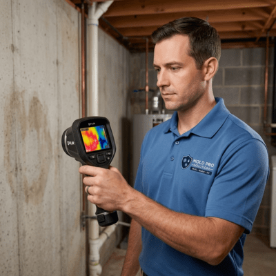 Technician inspecting basement with moisture meter