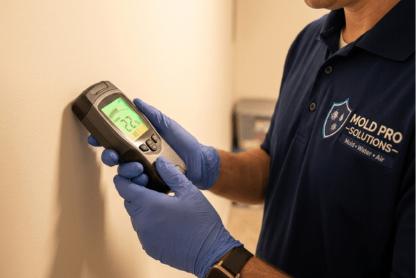 Professional mold inspection with moisture meter in Montgomery County home
