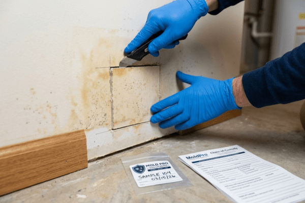 Bulk material sample of drywall being collected for laboratory mold analysis