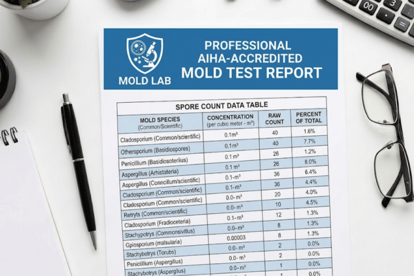 AIHA-accredited laboratory mold test report with spore count data