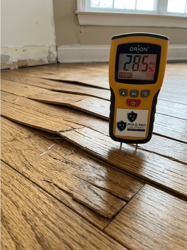 Water-damaged hardwood floor with visible warping and cupping in Montgomery County home