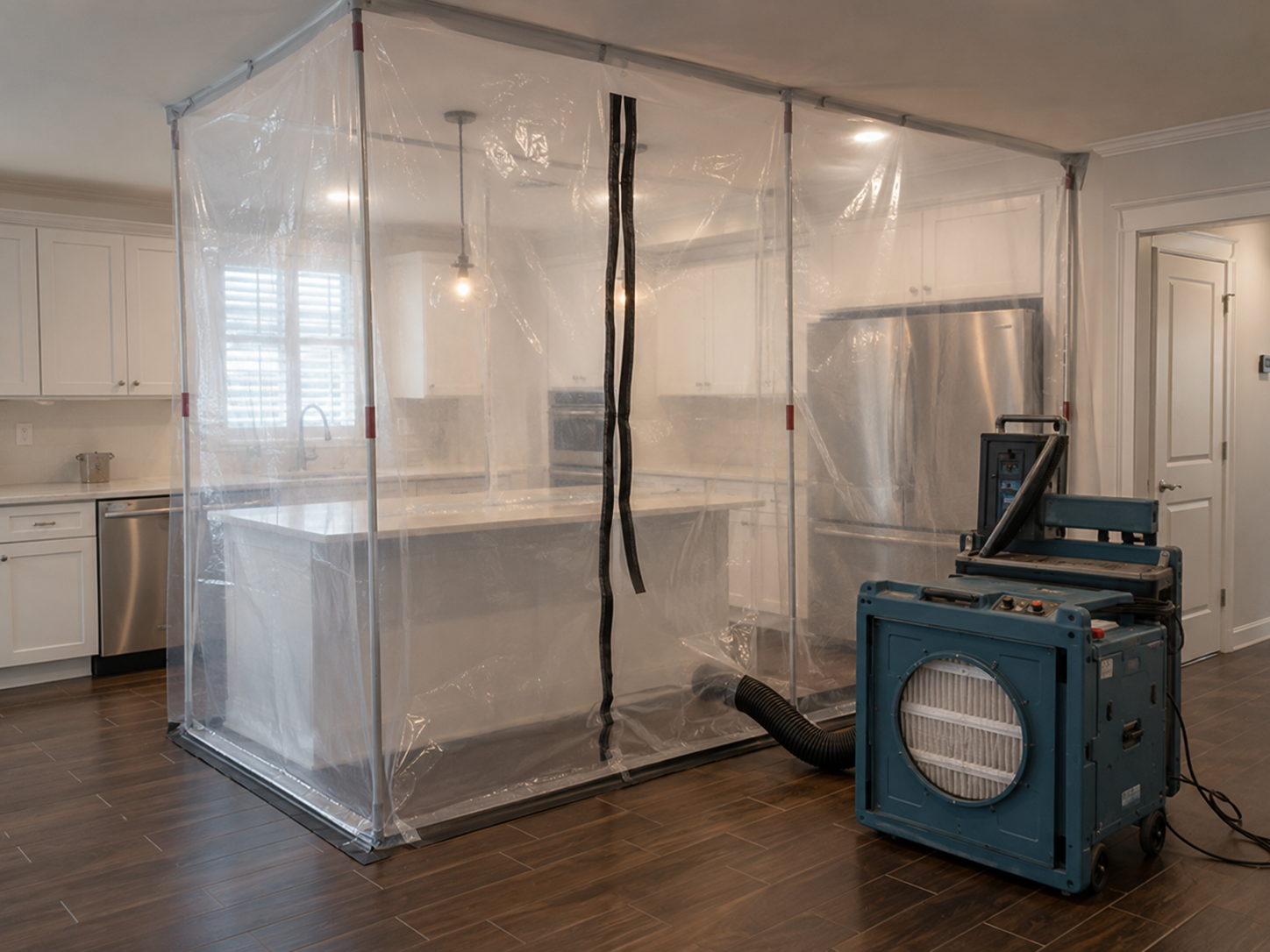 Containment zone with poly sheeting and HEPA unit