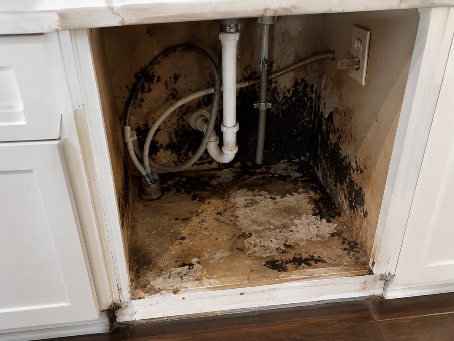Water damage behind dishwasher cavity