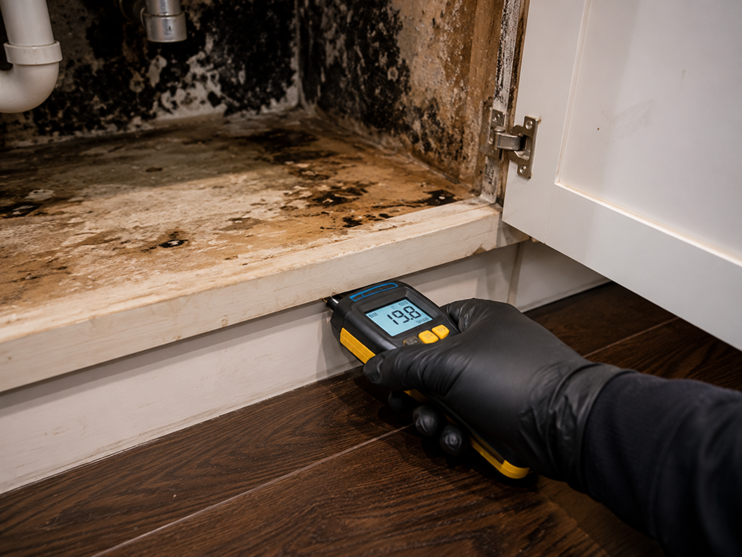 Moisture meter reading beneath cabinetry
