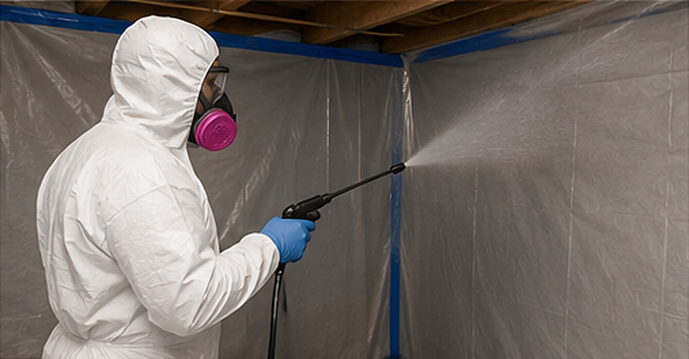 Tech applying antimicrobial spray inside containment