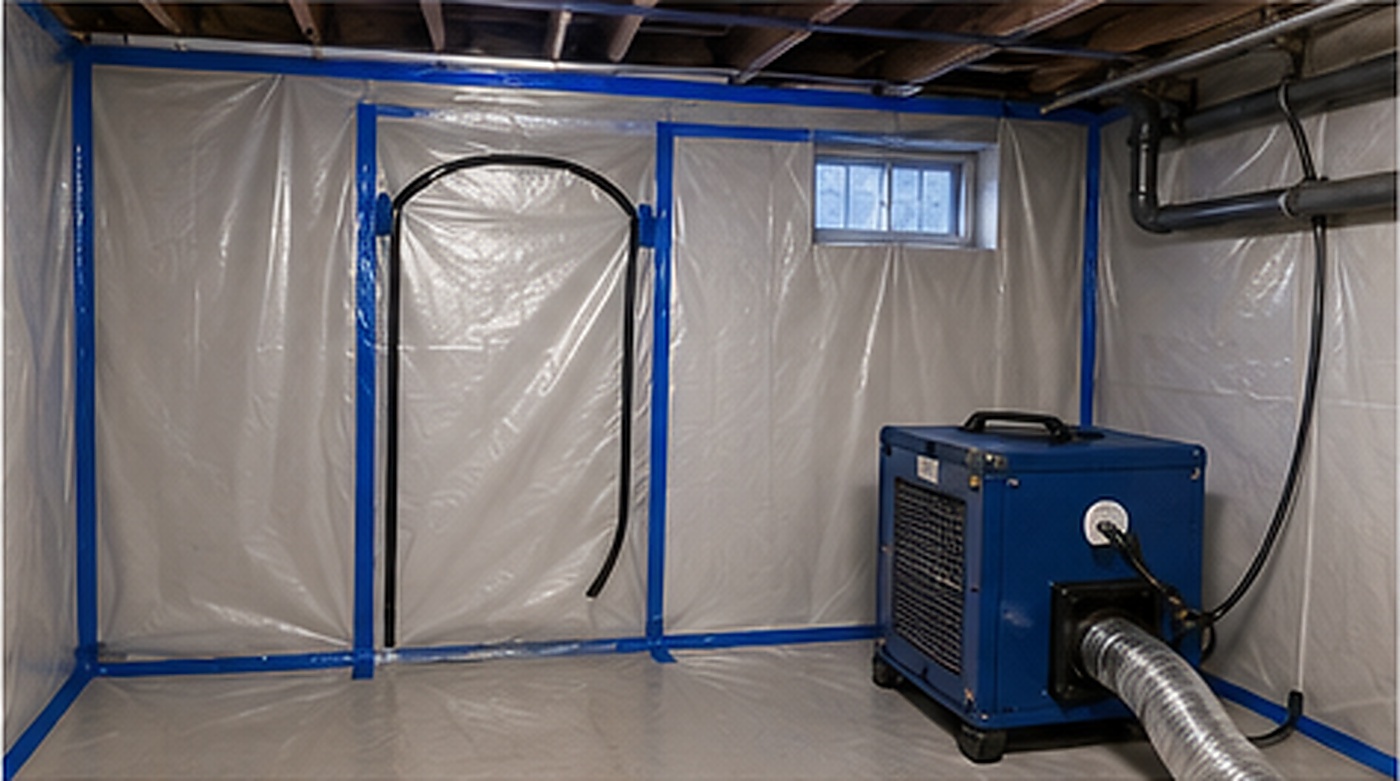 Containment zone with poly sheeting and HEPA unit
