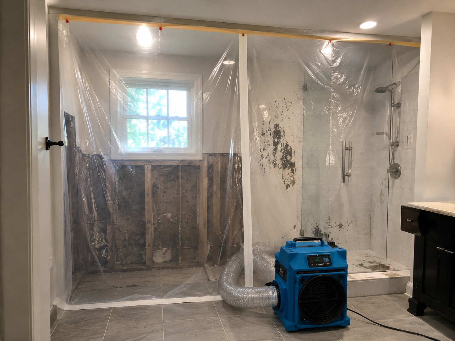 Containment zone with poly sheeting and HEPA unit