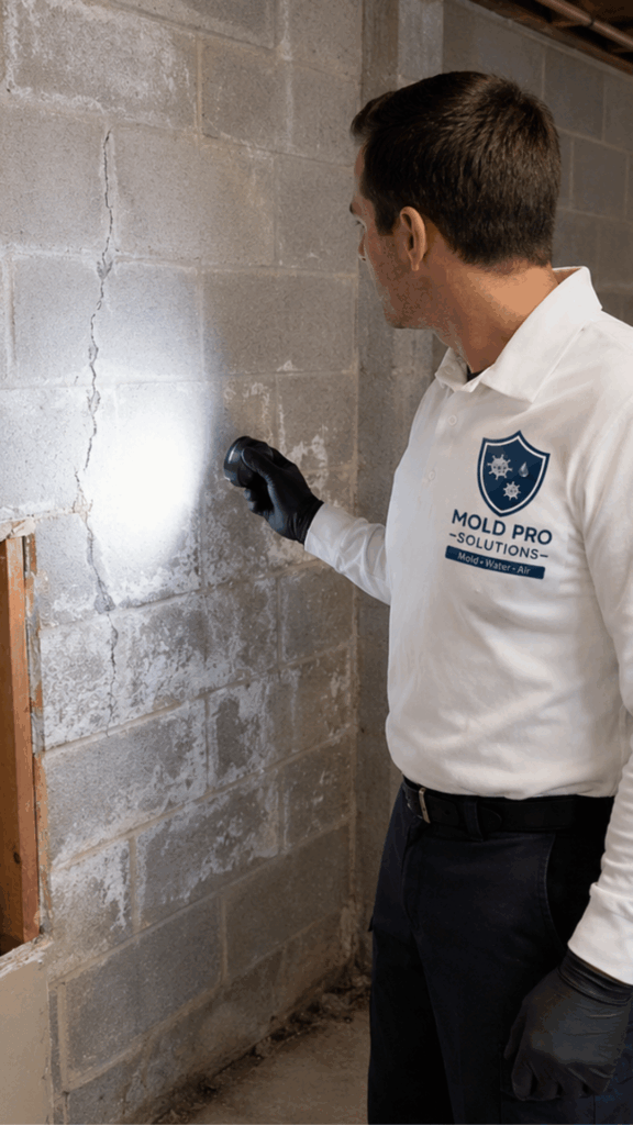 Technician inspecting efflorescence and a hairline crack on a basement foundation wall in Germantown, Maryland