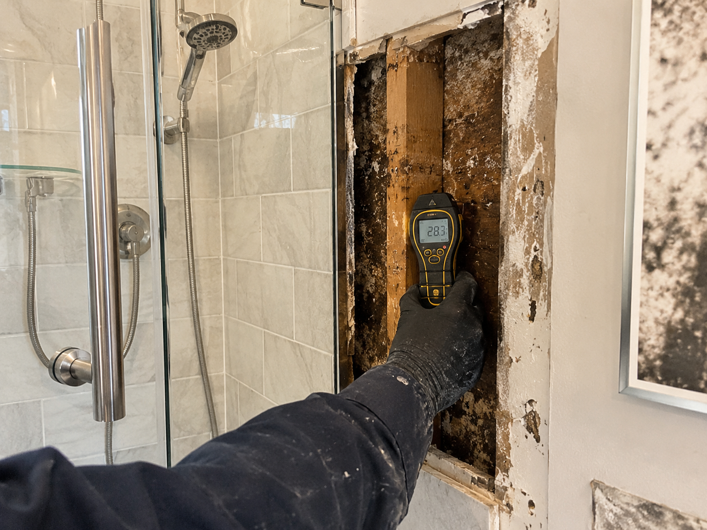 Moisture meter reading behind shower tile
