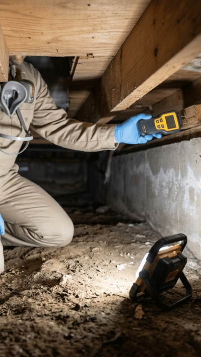 Technician taking a moisture reading on a floor joist in a Boyds, Maryland crawl space